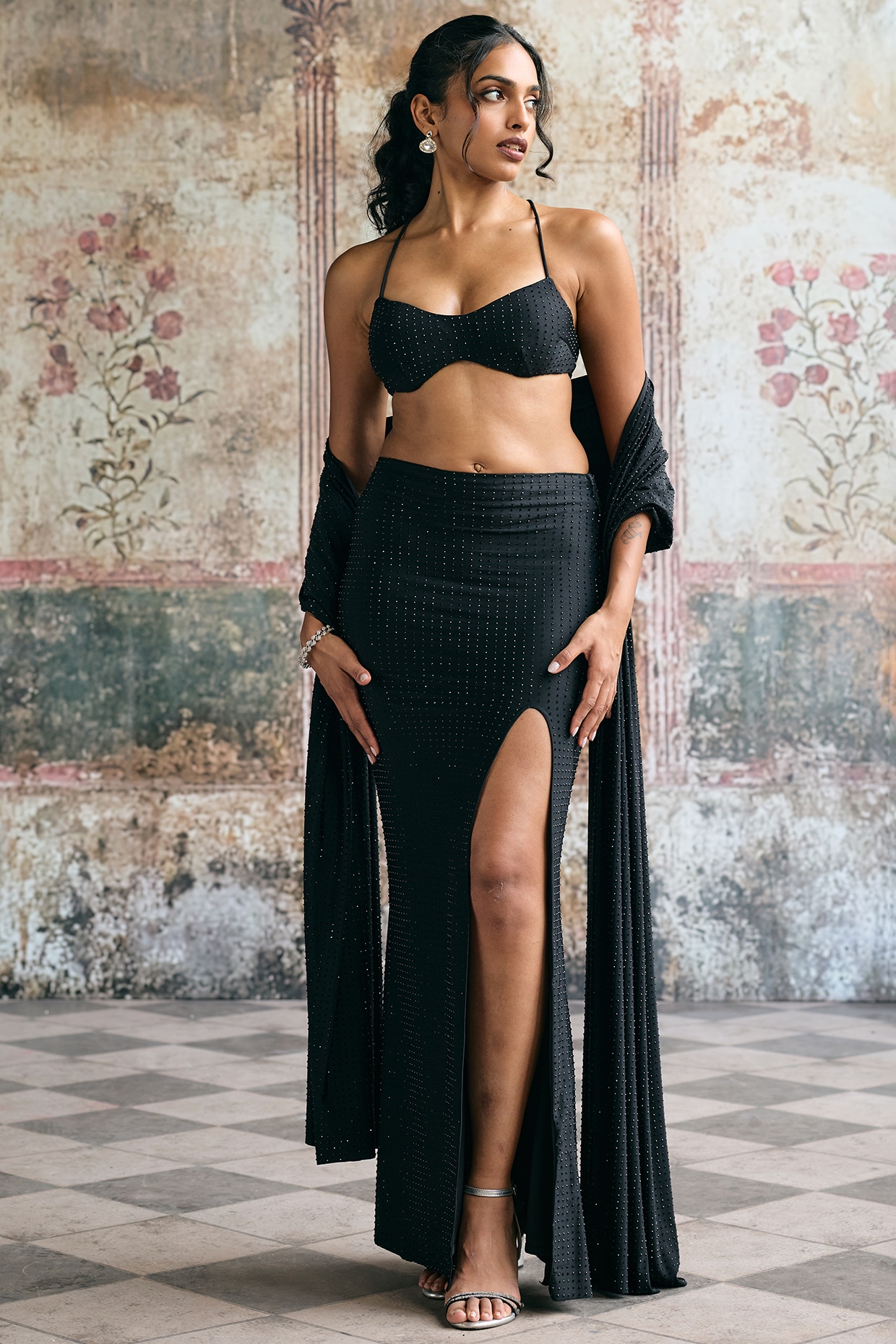 Black Spandex Rhinestone Embellished Skirt Set by Saanjh by Lea at