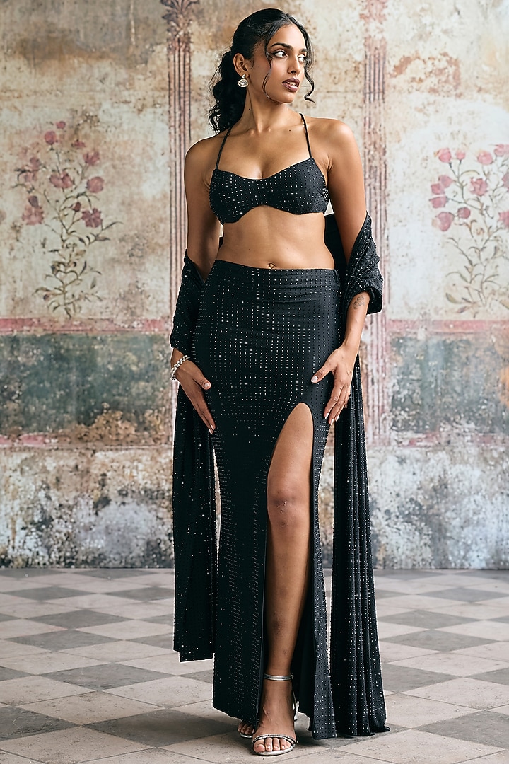 Black Spandex Rhinestone Embellished Skirt Set by Saanjh by Lea at Pernia's Pop Up Shop