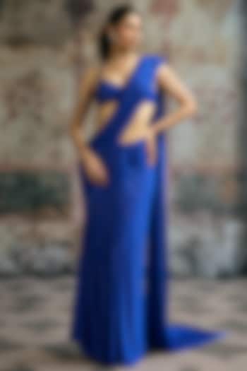 Electric Blue Spandex Rhinestone Embellished Wedding Saree Set by Saanjh by Lea at Pernia's Pop Up Shop