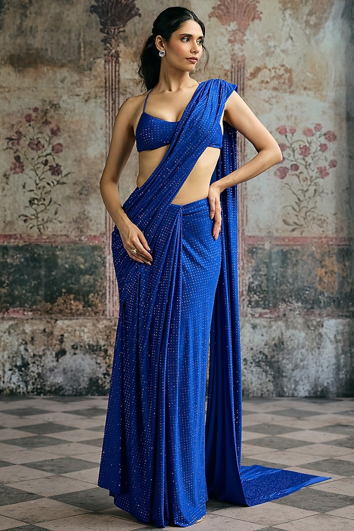 Electric Blue Spandex Rhinestone Embellished Wedding Saree Set by Saanjh by Lea at Pernia's Pop Up Shop