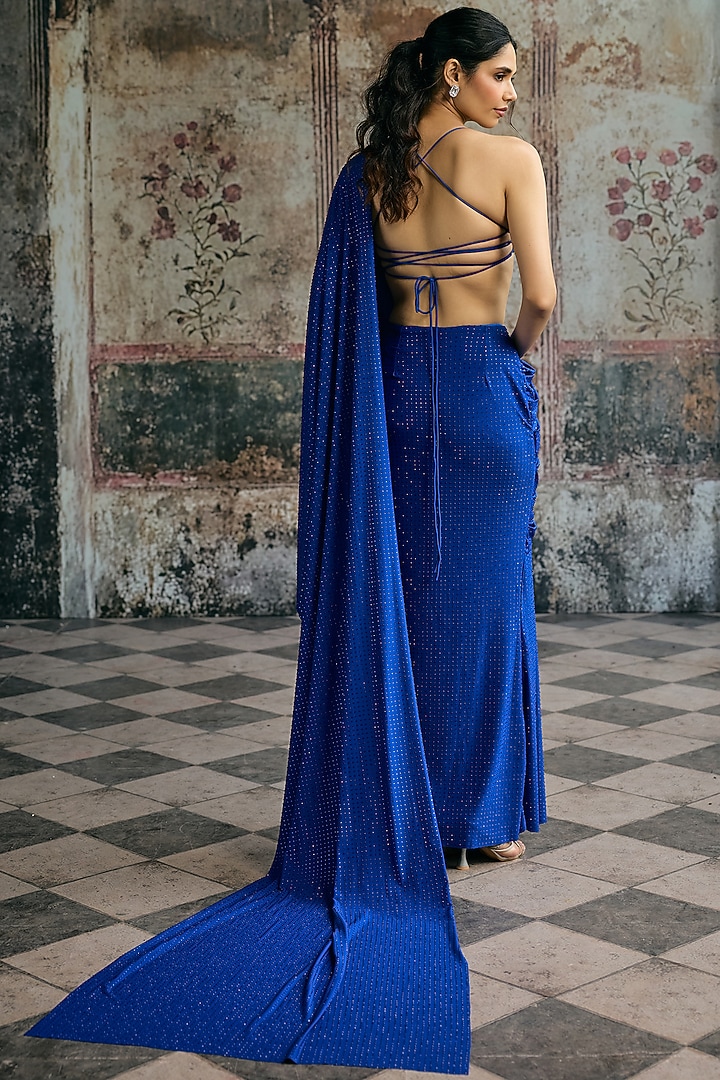 Electric Blue Spandex Rhinestone Embellished Wedding Saree Set by Saanjh by Lea at Pernia's Pop Up Shop