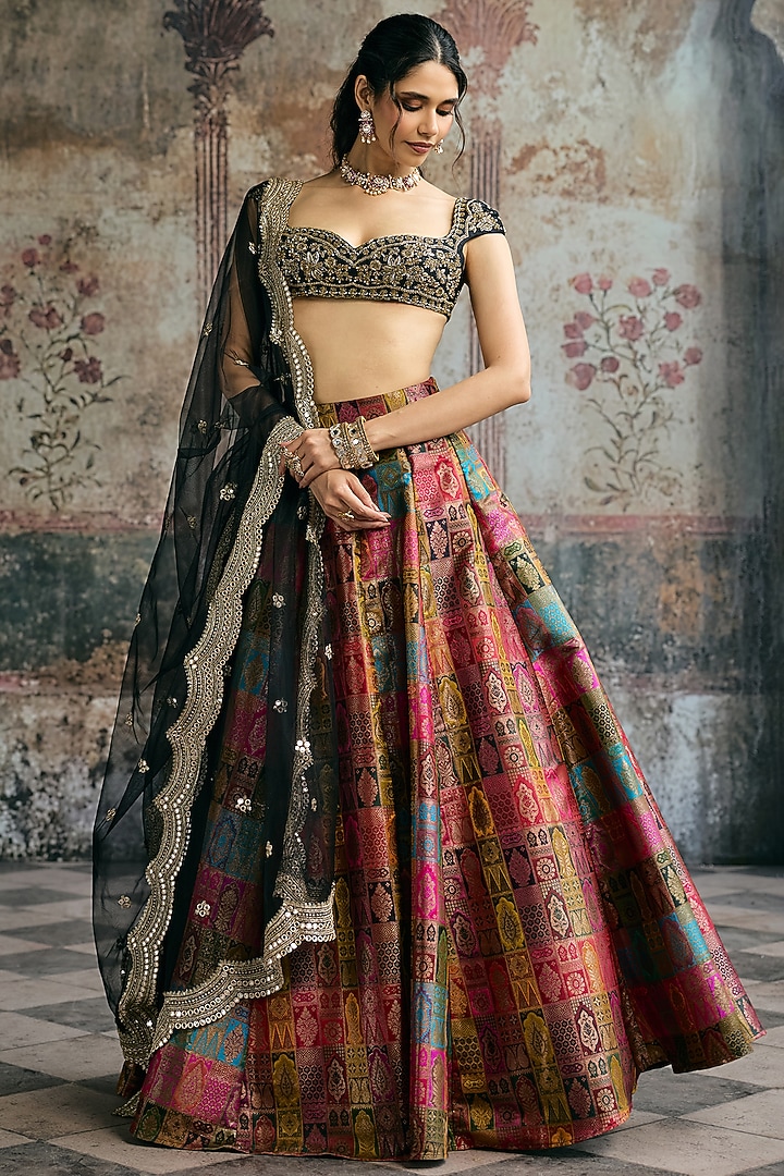 Multi-Colored Banarasi Brocade Woven Motif Wedding Lehenga Set by Saanjh by Lea at Pernia's Pop Up Shop