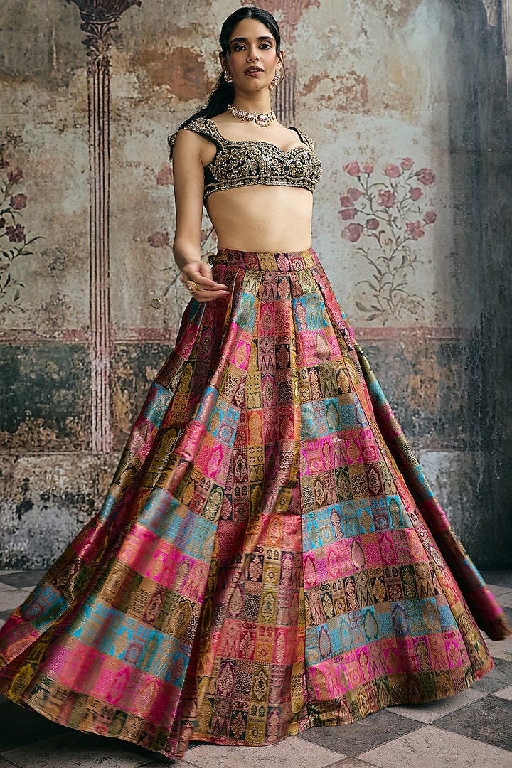 Multi-Colored Banarasi Brocade Woven Motif Wedding Lehenga Set by Saanjh by Lea at Pernia's Pop Up Shop