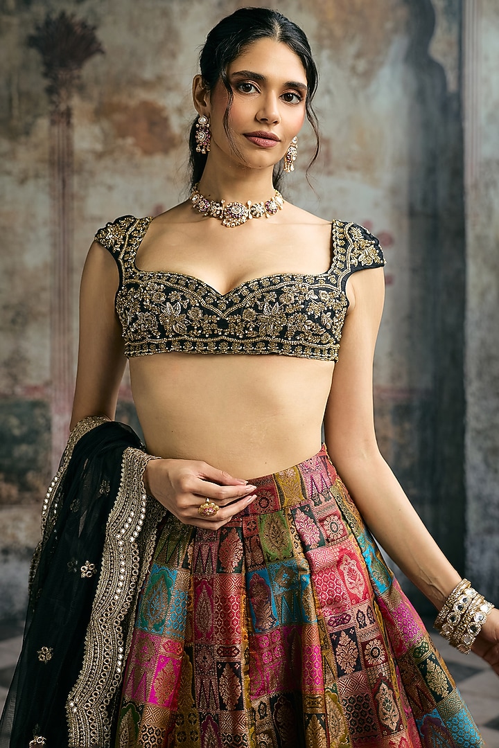 Multi-Colored Banarasi Brocade Woven Motif Wedding Lehenga Set by Saanjh by Lea at Pernia's Pop Up Shop