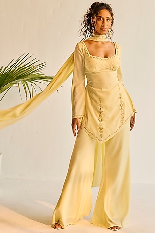 Yellow Fluid Georgette Structured Kurta Set by saanjh by lea