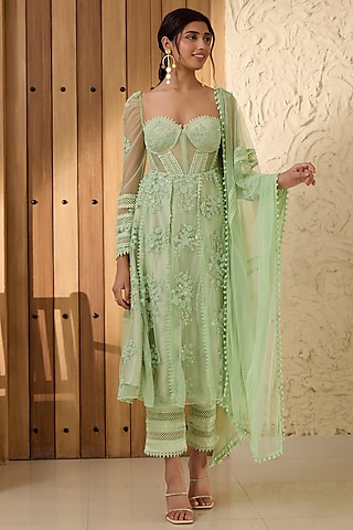 Green Mesh & Stretch Satin Embroidered Party Wear Anarkali Set by Saanjh by Lea at Pernia's Pop Up Shop 2026 Green Mesh & Stretch Satin Embroidered Party Wear Anarkali Set by Saanjh by Lea at Pernia's Pop Up Shop 2026