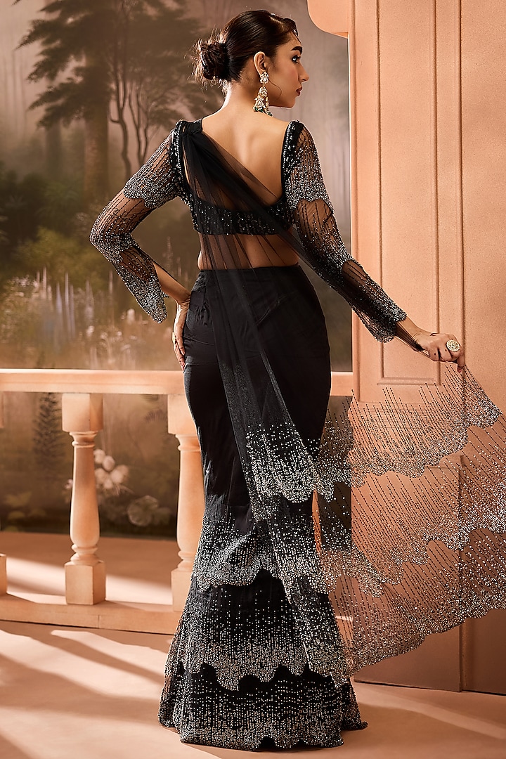 Black Satin & Mesh Embellished Pre-Draped Saree Set by Saanjh by Lea at ...