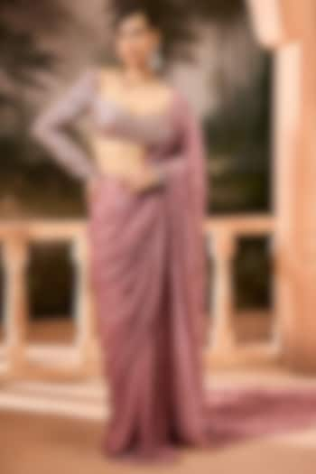 Mauve Armani Satin & Sequins Hand Embroidered Pre-Draped Saree Set by Saanjh by Lea