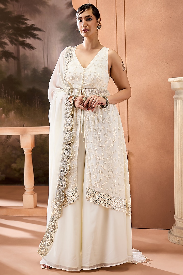 White Poly Georgette & Georgette Machine Embroidered Anarkali Set by Saanjh by Lea