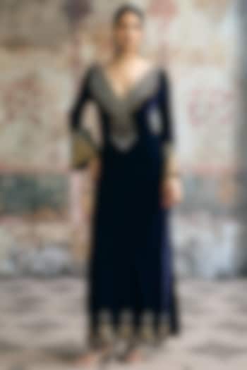Blue Velvet Sequins & Beads Embellished Kaftan Set by Saanjh by Lea at Pernia's Pop Up Shop