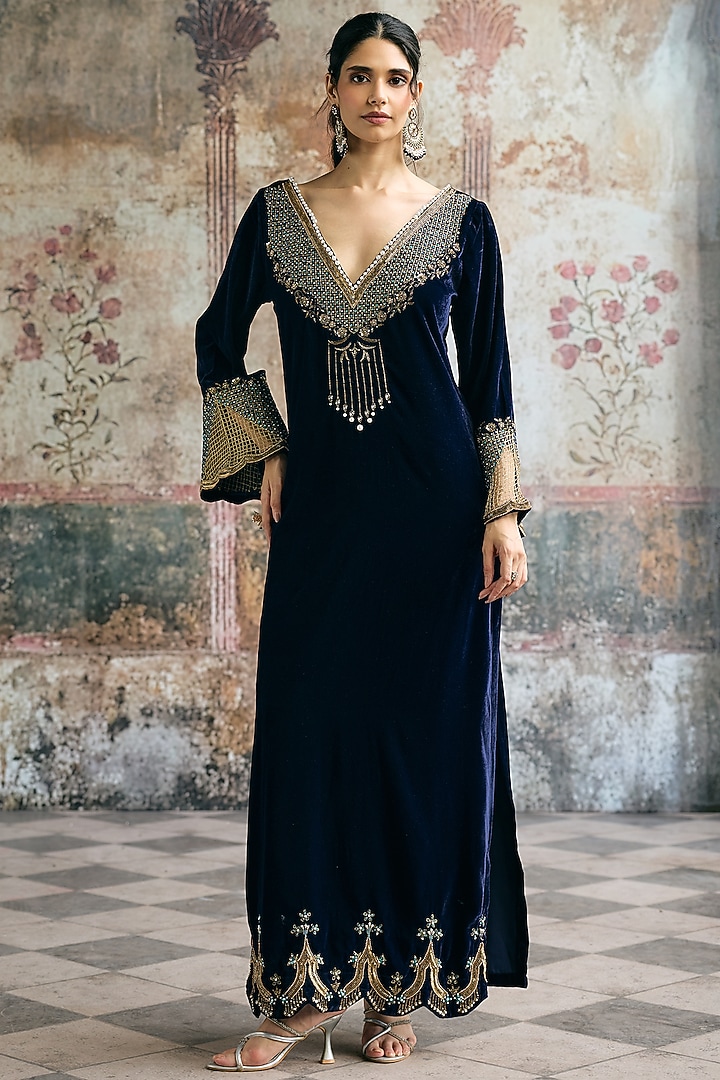 Blue Velvet Sequins & Beads Embellished Kaftan Set by Saanjh by Lea at Pernia's Pop Up Shop