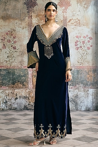 Blue Velvet Sequins & Beads Embellished Kaftan Set by Saanjh by Lea