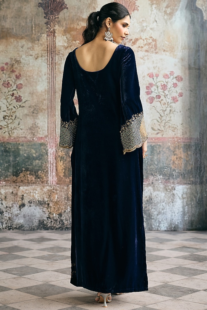Blue Velvet Sequins & Beads Embellished Kaftan Set by Saanjh by Lea at Pernia's Pop Up Shop