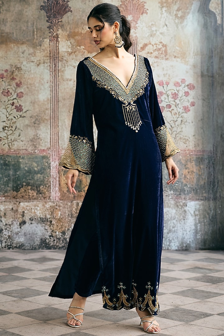 Blue Velvet Sequins & Beads Embellished Kaftan Set by Saanjh by Lea at Pernia's Pop Up Shop