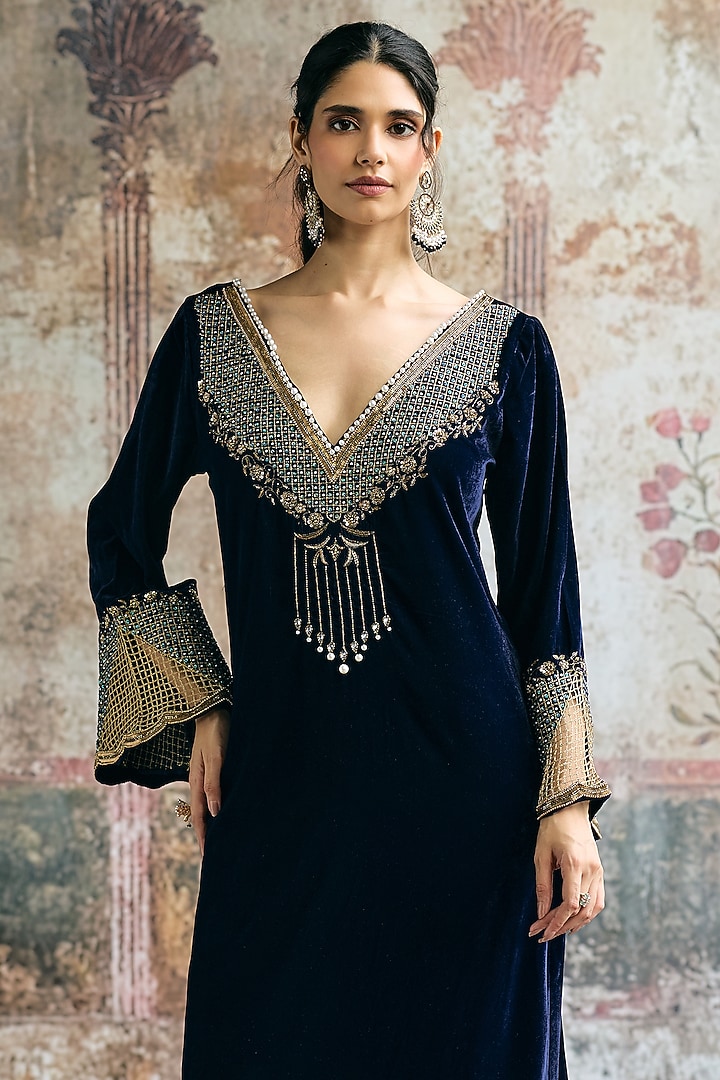 Blue Velvet Sequins & Beads Embellished Kaftan Set by Saanjh by Lea at Pernia's Pop Up Shop
