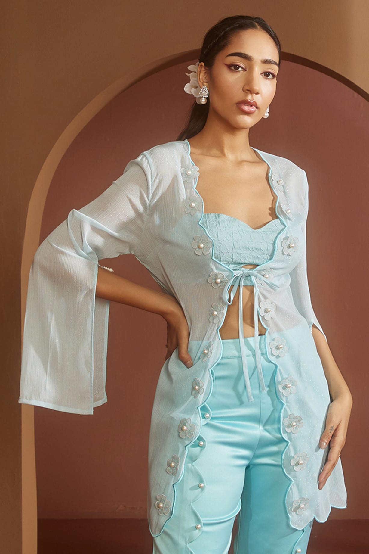 SAANJH BY LEA - Blue Armani Satin Hand Embroidered Pearl And Kimaya Corset  Blouse For Women