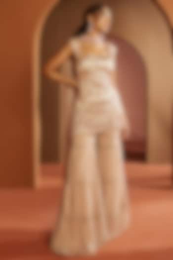 Champagne Organza Ruffled Party Wear Sharara Set by Saanjh by Lea at Pernia's Pop Up Shop