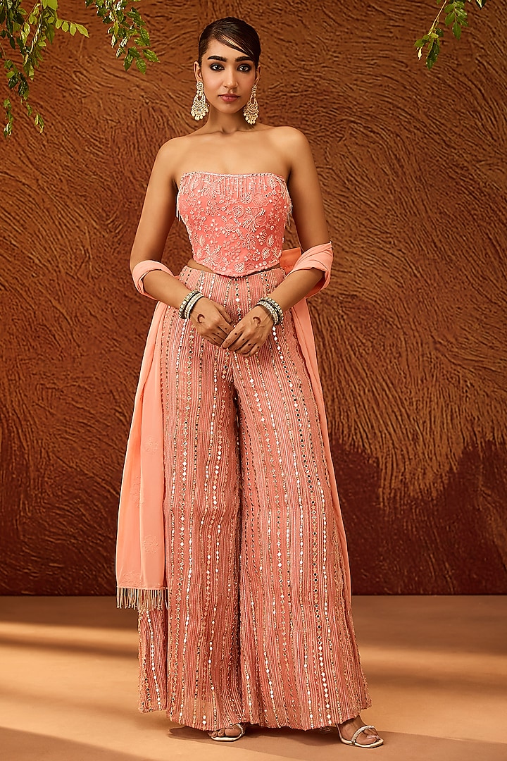 Peach & Pink Georgette Embroidered Gharara Set by Saanjh by Lea at Pernia's Pop Up Shop