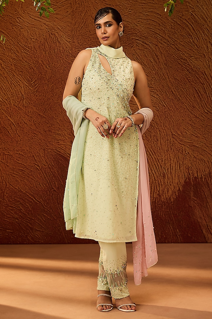 Pastel Green Poly Georgette Hand Embroidered Kurta Set by Saanjh by Lea at Pernia's Pop Up Shop