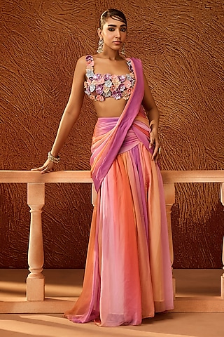 Multi-Colored Lurex Satin Digital Printed Lehenga Saree Set by Saanjh by Lea