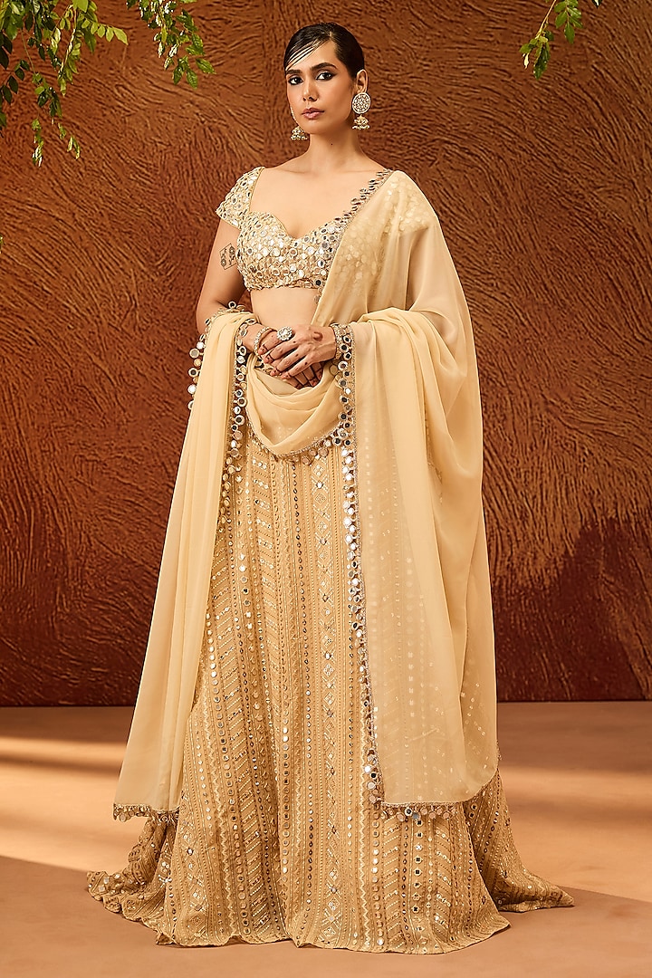 Gold Georgette MIrror Embroidered Wedding Lehenga Set by Saanjh by Lea at Pernia's Pop Up Shop