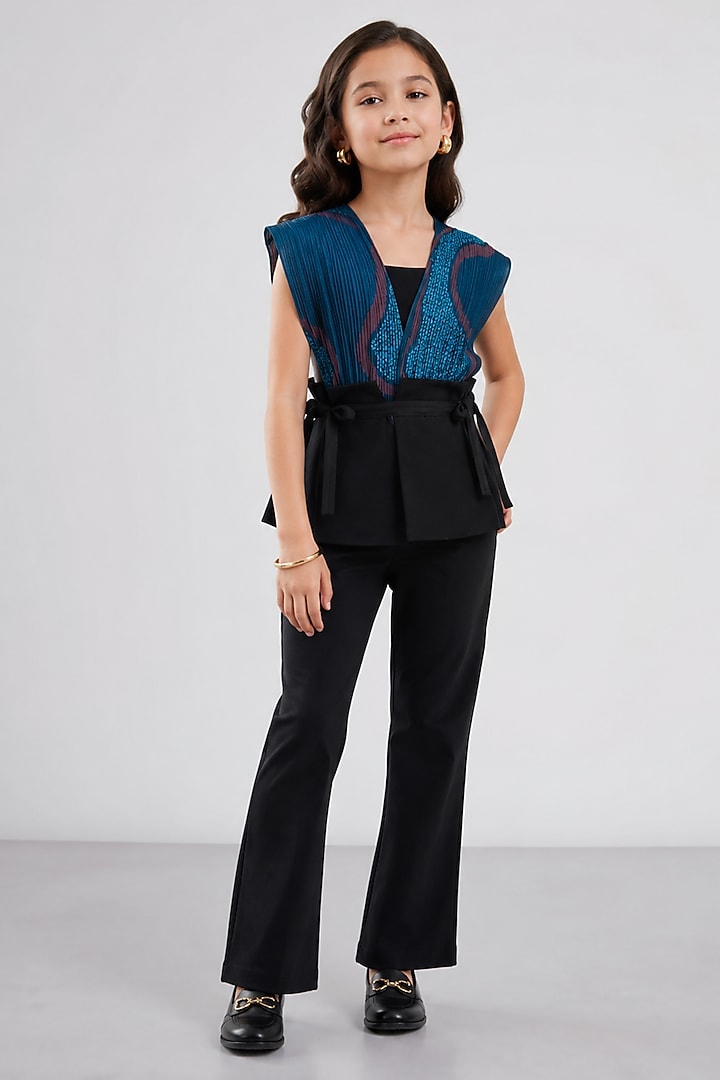 Blue & Black Pure Organza Co-Ord Set For Girls by Sainy Garg Couture Kids at Pernia's Pop Up Shop