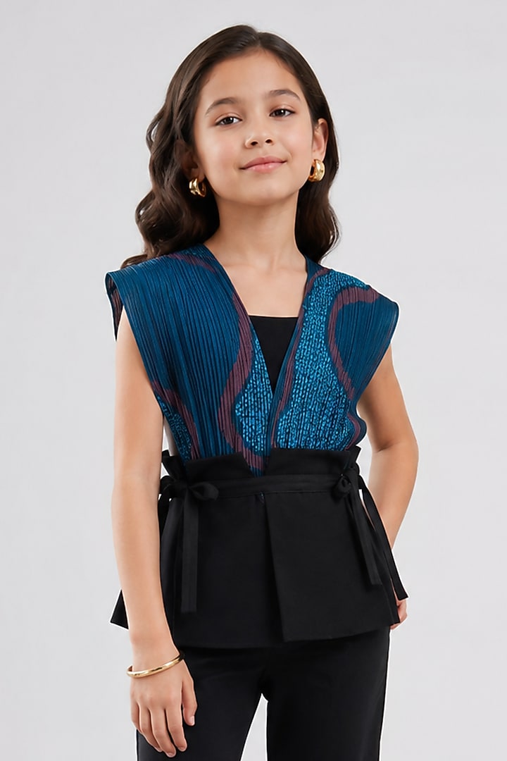 Blue & Black Pure Organza Co-Ord Set For Girls by Sainy Garg Couture Kids at Pernia's Pop Up Shop