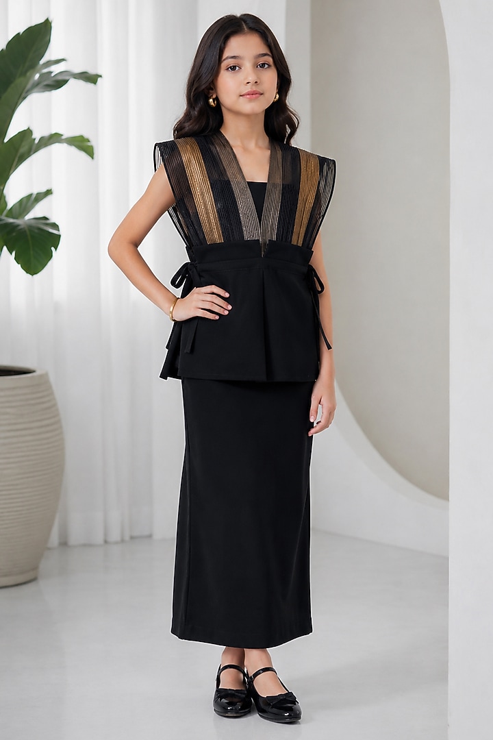 Black Pure Tissue Metallic Textured Co-Ord Set For Girls by Sainy Garg Couture Kids at Pernia's Pop Up Shop