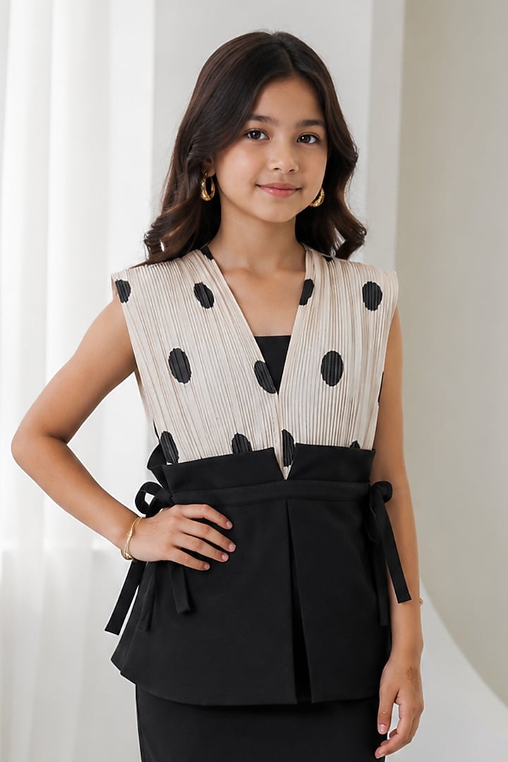 Ivory & Black Pure Organza Polka Dot Printed Co-Ord Set For Girls by Sainy Garg Couture Kids at Pernia's Pop Up Shop