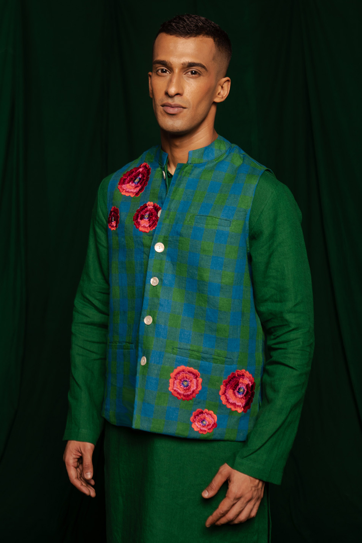 Multi-Colored Pure Linen Machine Embroidered Nehru Jacket by Saphed Men