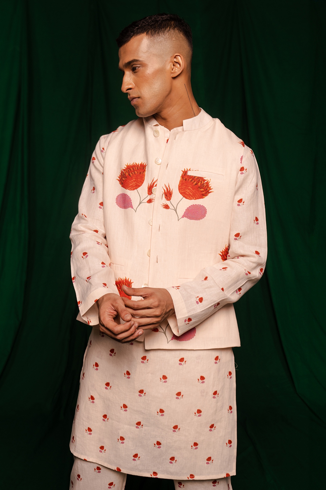 Cream Pure Linen Floral Digital Printed & Embroidered Nehru Jacket by Saphed Men