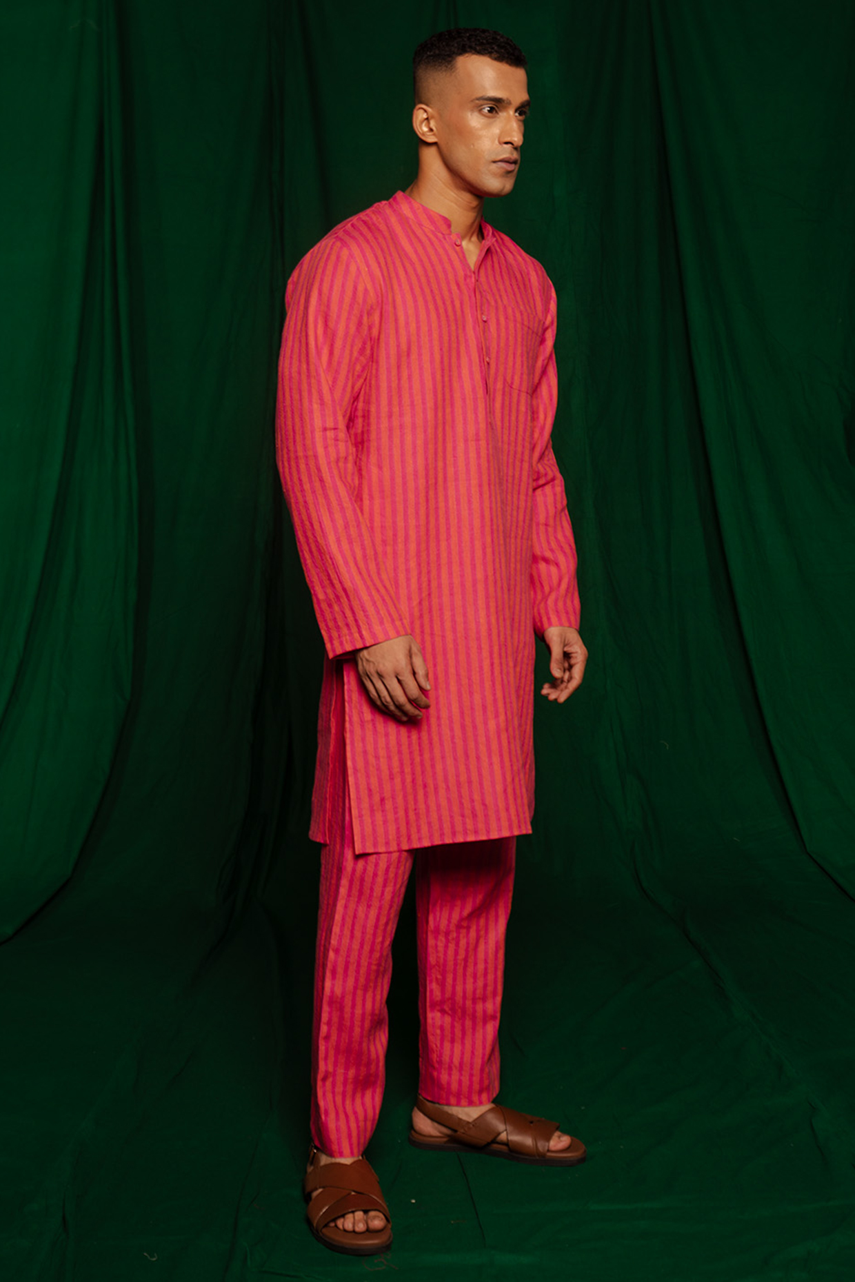 Coral Linen Kurta Set by Saphed Men at Pernia's Pop Up Shop