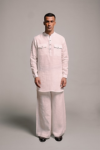 White Linen Kurta Set by Saphed Men