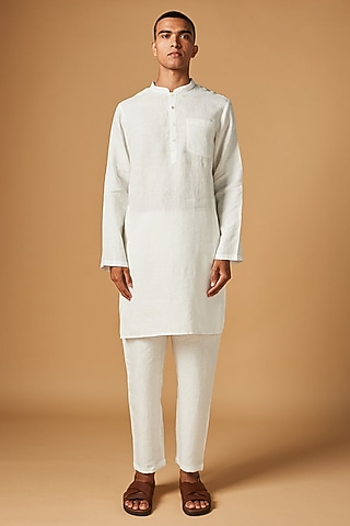 White Linen Kurta Set by Saphed Men