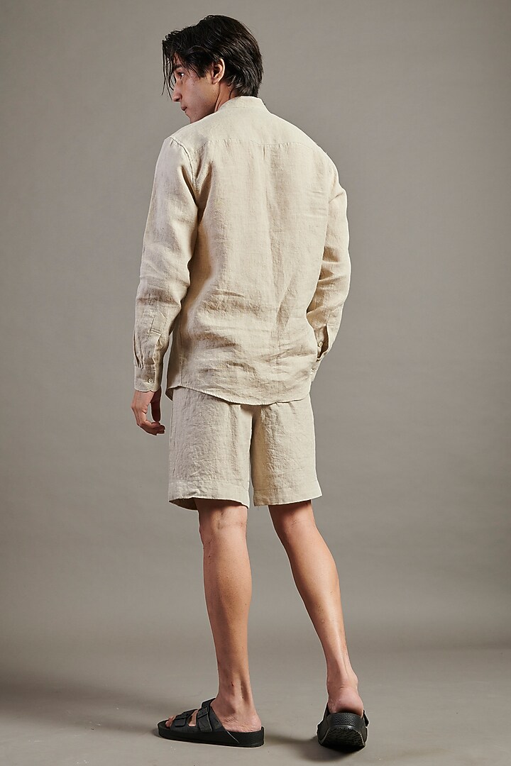 Beige Linen Party Wear Shirt by Saphed Men at Pernia's Pop Up Shop