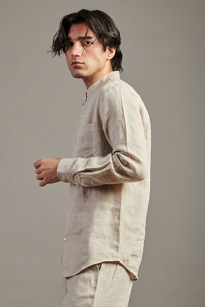 Beige Linen Party Wear Shirt by Saphed Men at Pernia's Pop Up Shop