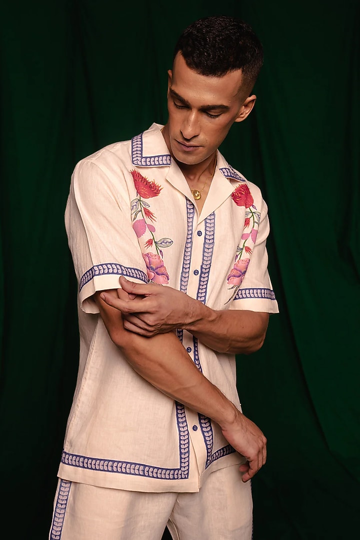 Cream Linen Floral Digital Printed Co-Ord Set by Saphed Men at Pernia's Pop Up Shop