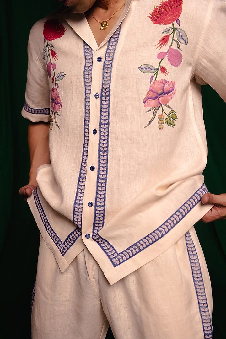 Cream Linen Floral Digital Printed Co-Ord Set by Saphed Men at Pernia's Pop Up Shop