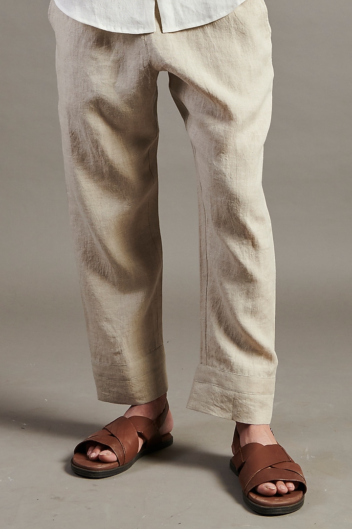 Beige Linen Pants by Saphed Men at Pernia's Pop Up Shop