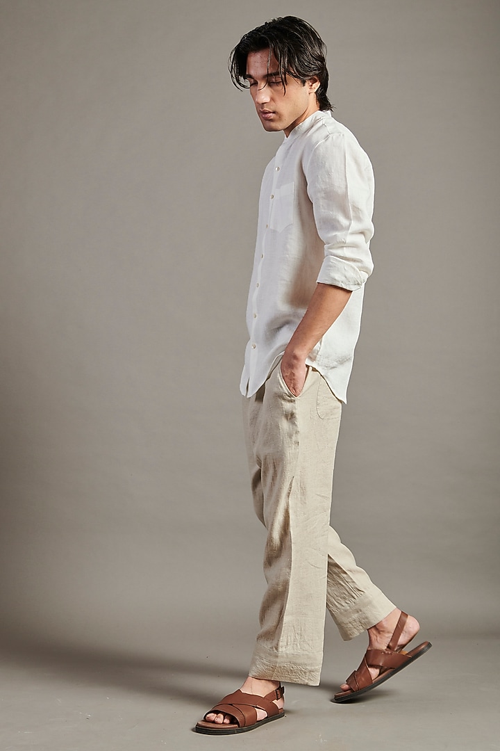 Beige Linen Pants by Saphed Men at Pernia's Pop Up Shop