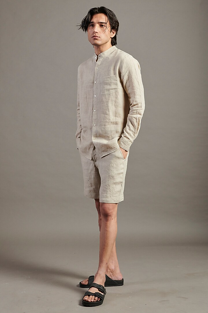 Beige Linen Shorts by Saphed Men at Pernia's Pop Up Shop