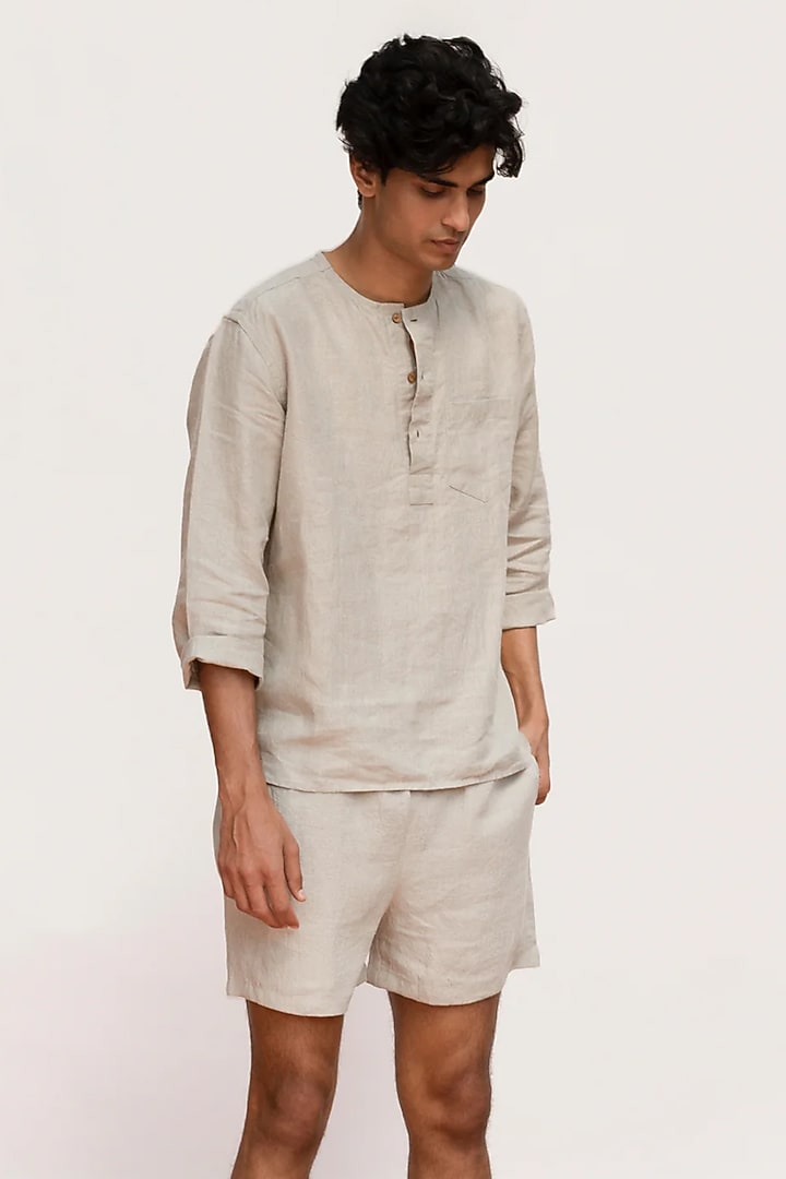 Beige Linen Co-Ord Set by Saphed Men at Pernia's Pop Up Shop