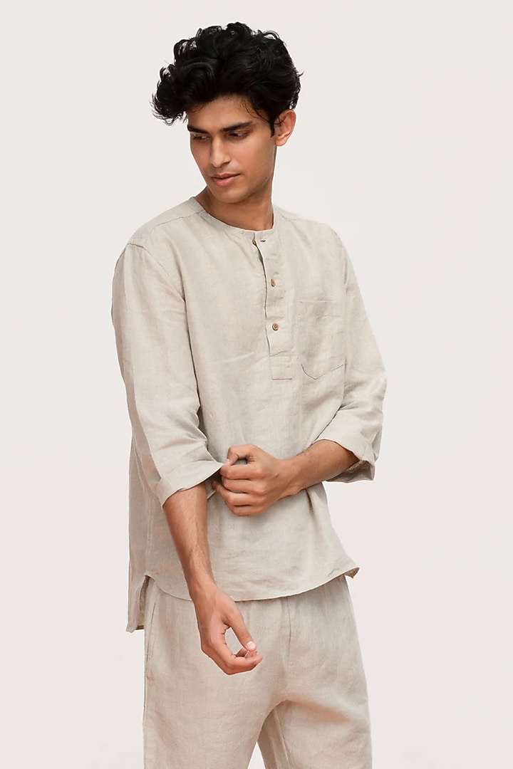 Beige Linen Co-Ord Set by Saphed Men at Pernia's Pop Up Shop
