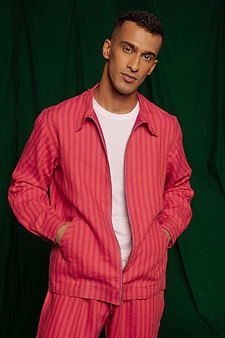 Coral Yarn-Dyed Linen Bomber Jacket by Saphed Men