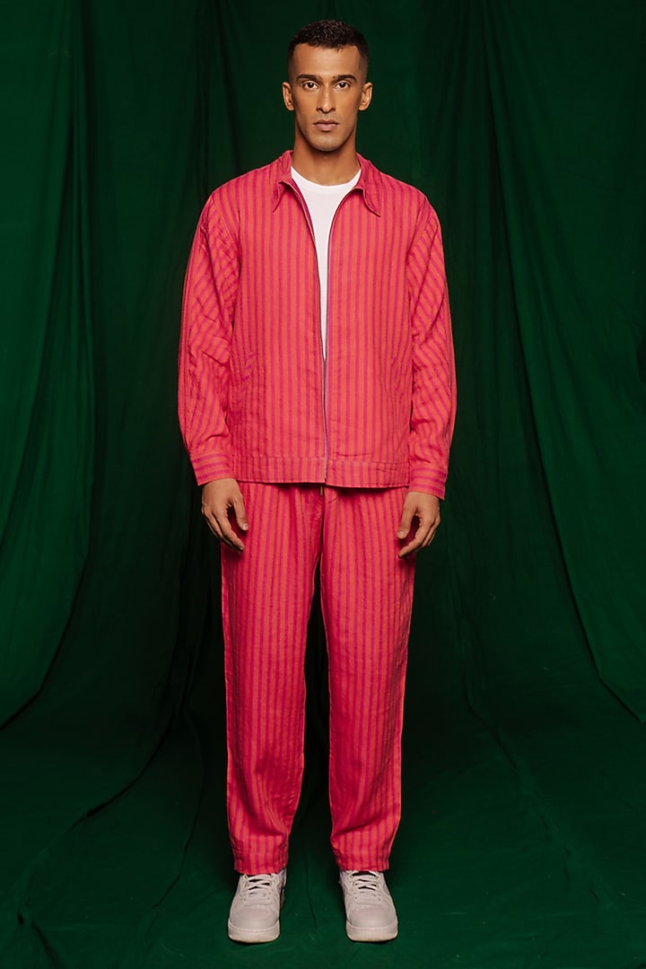 Coral Yarn-Dyed Linen Bomber Jacket by Saphed Men at Pernia's Pop Up Shop