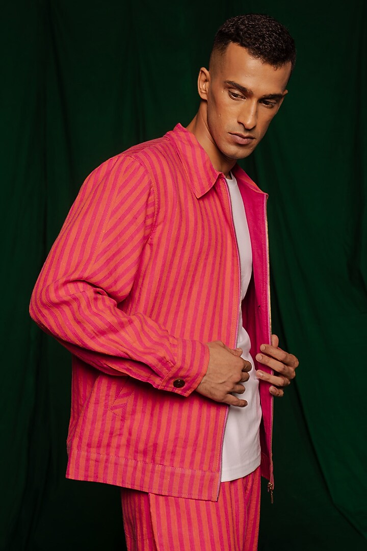 Coral Yarn-Dyed Linen Bomber Jacket by Saphed Men at Pernia's Pop Up Shop