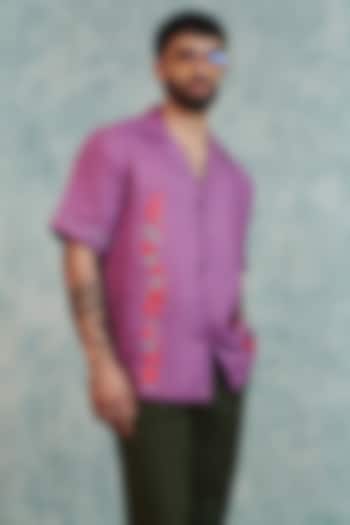Berry Lilac Pure Linen Machine Embroidered Party Wear Shirt by Saphed Men at Pernia's Pop Up Shop