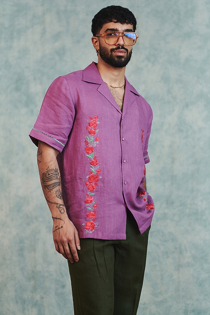 Berry Lilac Pure Linen Machine Embroidered Party Wear Shirt by Saphed Men at Pernia's Pop Up Shop