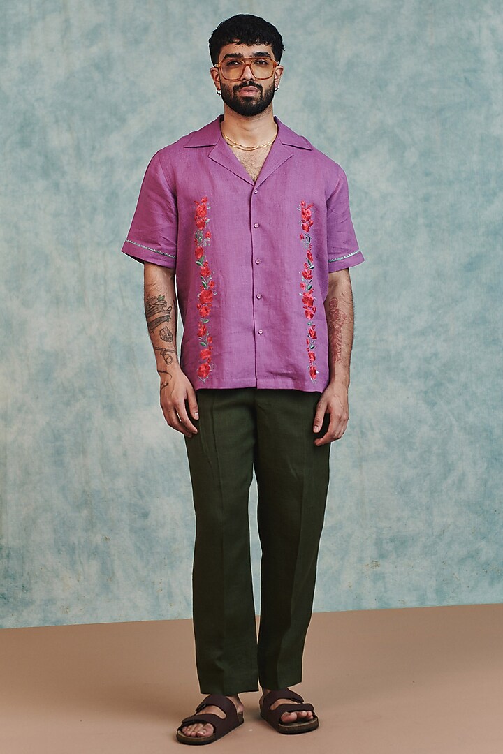Berry Lilac Pure Linen Machine Embroidered Party Wear Shirt by Saphed Men at Pernia's Pop Up Shop