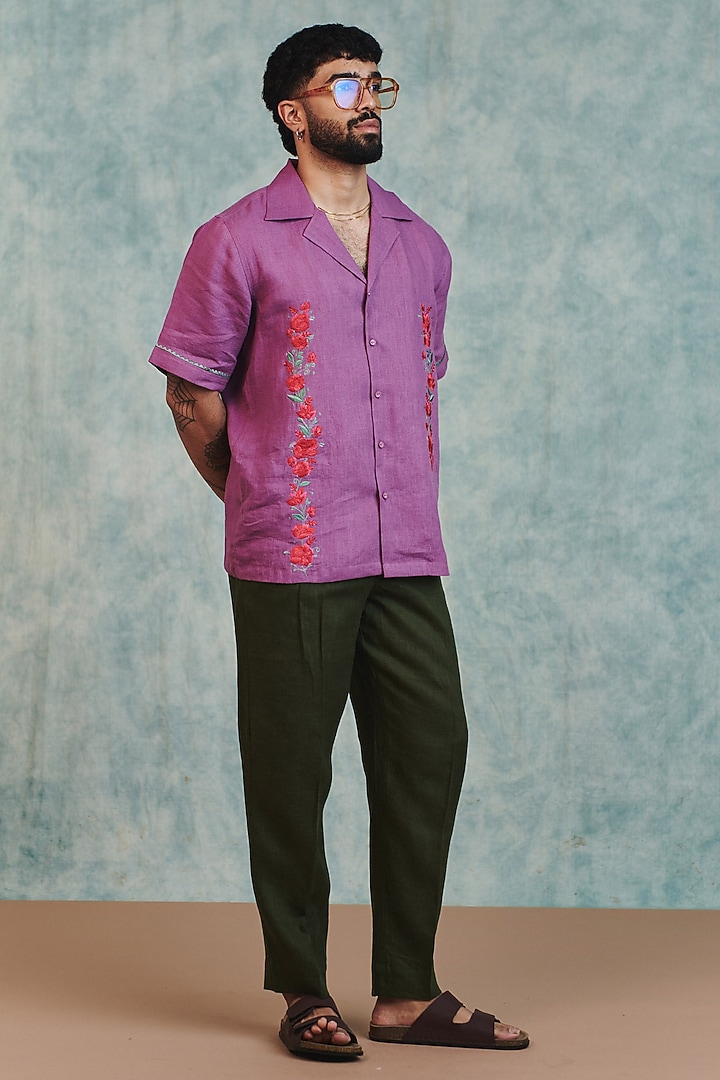 Berry Lilac Pure Linen Machine Embroidered Party Wear Shirt by Saphed Men at Pernia's Pop Up Shop